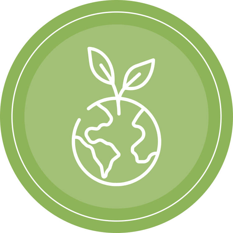 Environmental wellness round icon, with a green background and a graphic of earth with a seedling growing from it in the center